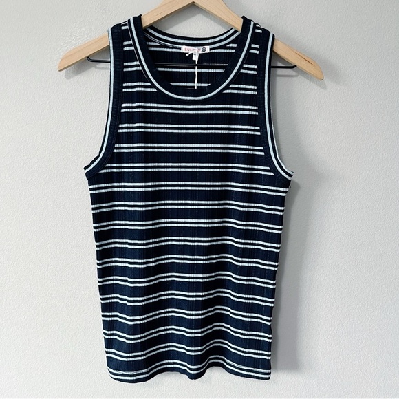 Sundry Variegated Rib Stripe High Crew Neck Tank Top Deep Navy Blue Size Large - Picture 4 of 10